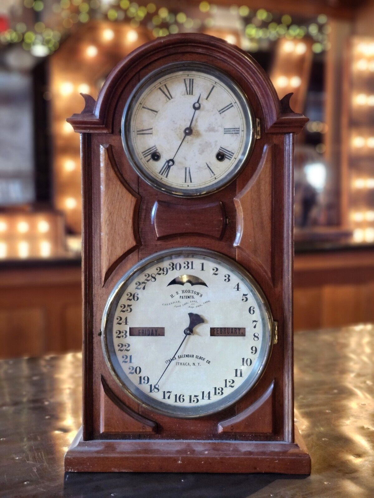 Antique 1870s Ithaca Double Dial Calendar Clock Shelf Library Walnut MISSING TOP