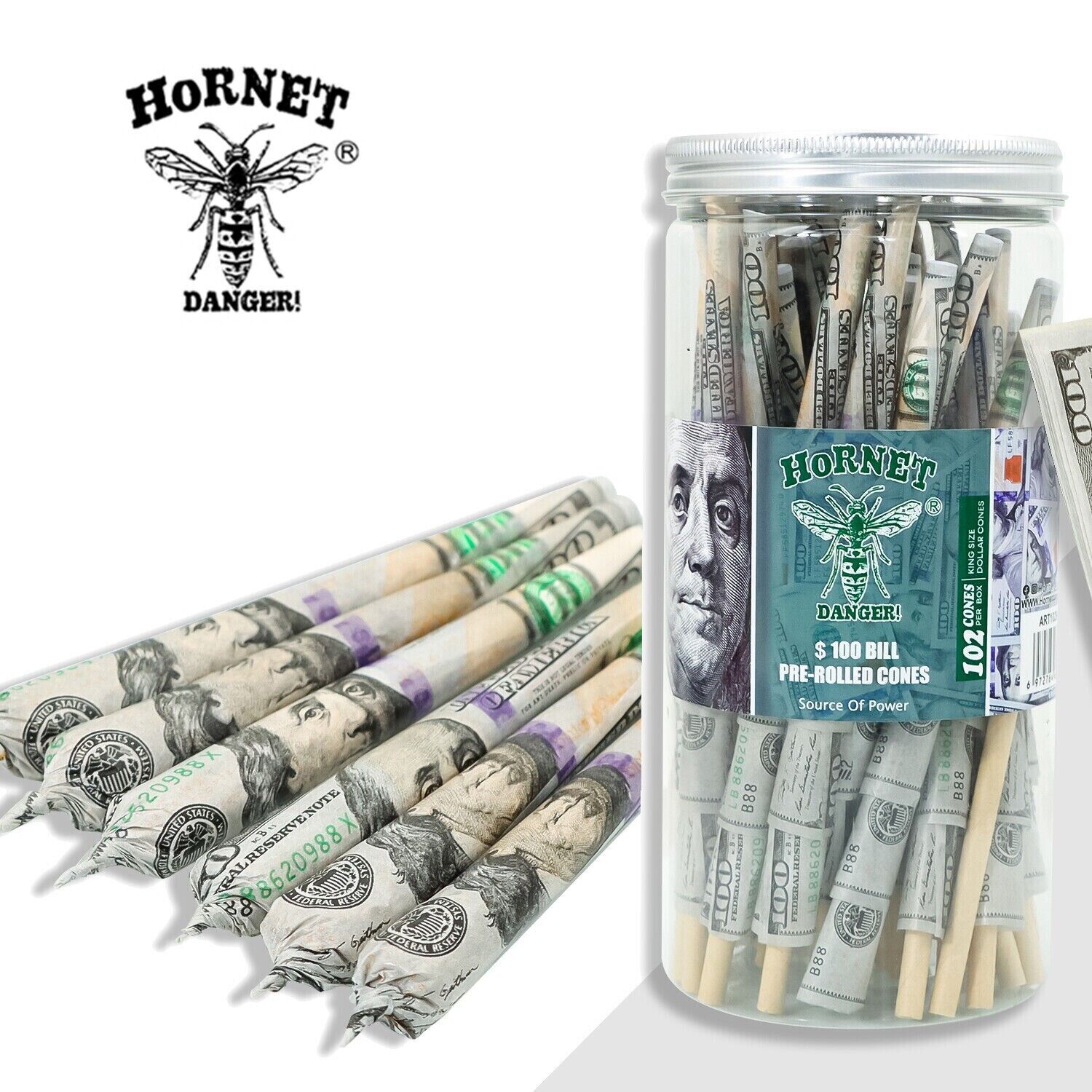 Dollar Bill King Size 100 Cones- Pre Rolled Paper Cones with Filter Tips