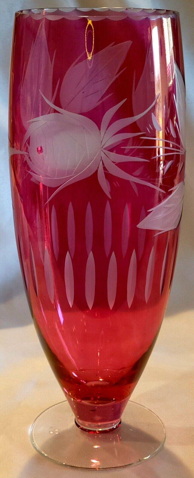 Cranberry Etched Vase. 10 Inches Tall. Perfect Condition