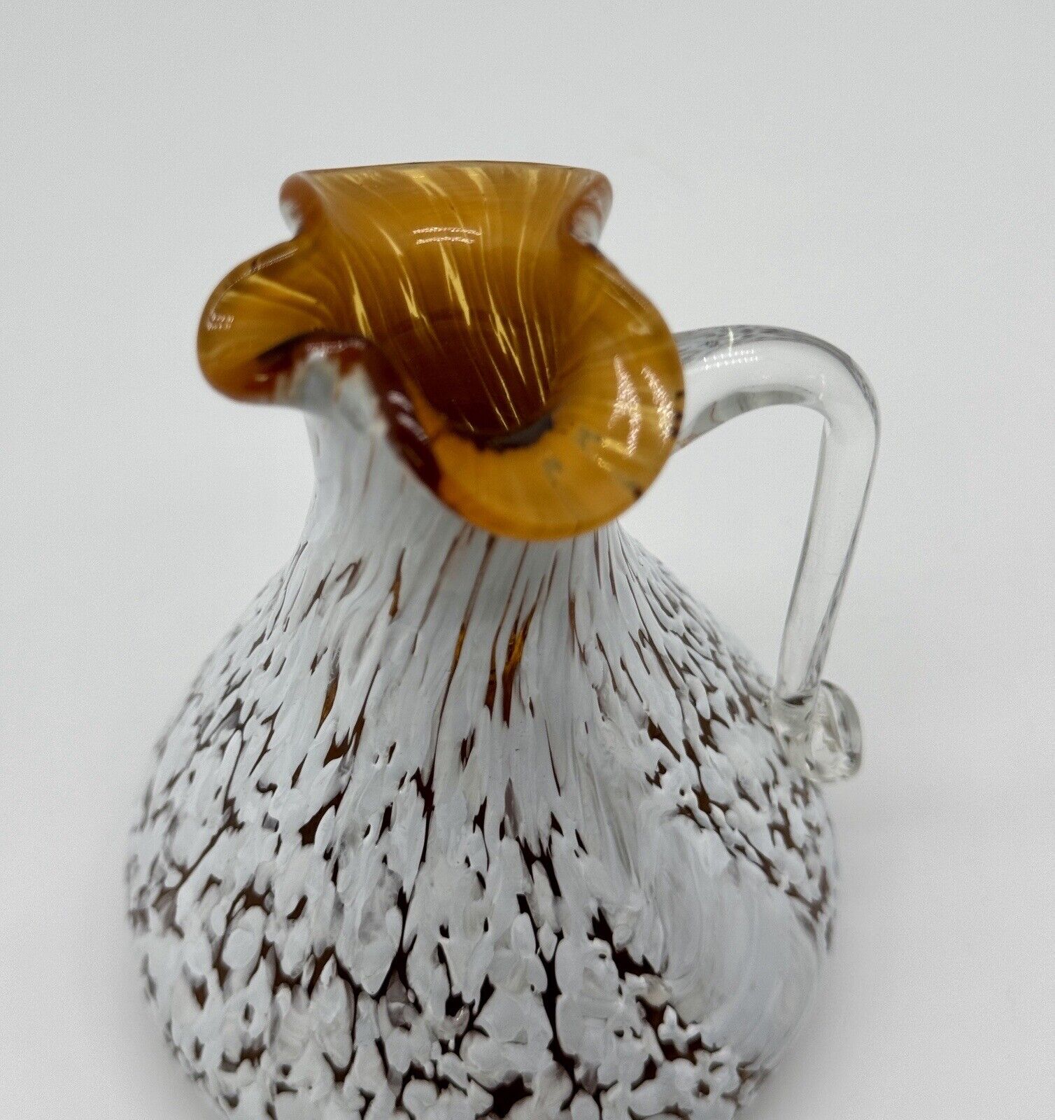 Vintage PILGRAM Hand Blown Art Glass Amber White Splatterware Small Pitcher Vase