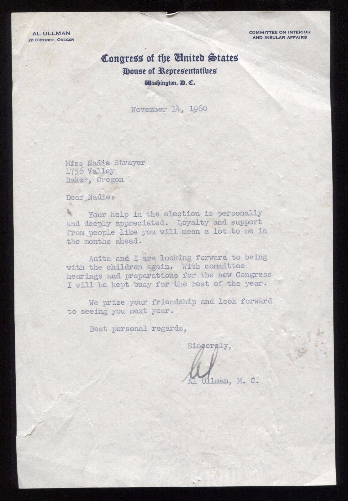 Al Ullman Signed Letter Autographed TLS Vintage Signature