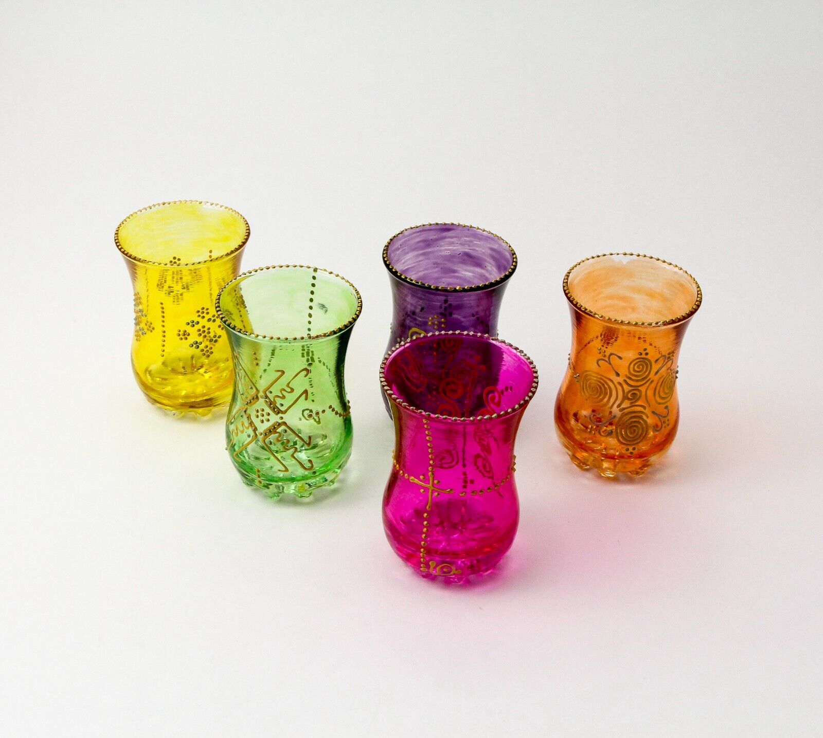 Beautiful Tinted Hand Painted Colourful Old Fashioned Lowball Glasses Set of 5 