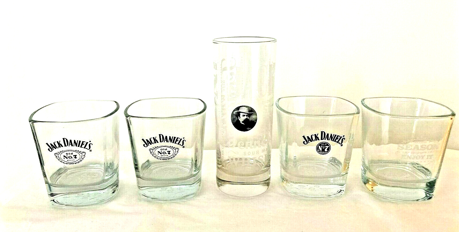 LOT OF 5 VINTAGE JACK DANIELS WHISKEY GLASSES SQUARE AND ROUND HEAVY BOTTOM RARE