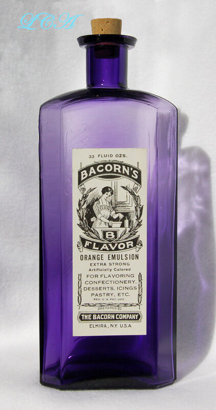 GIGANTIC antique EMBOSSED & LABELED pure purple EXTRACT bottle ELMIRA N Y