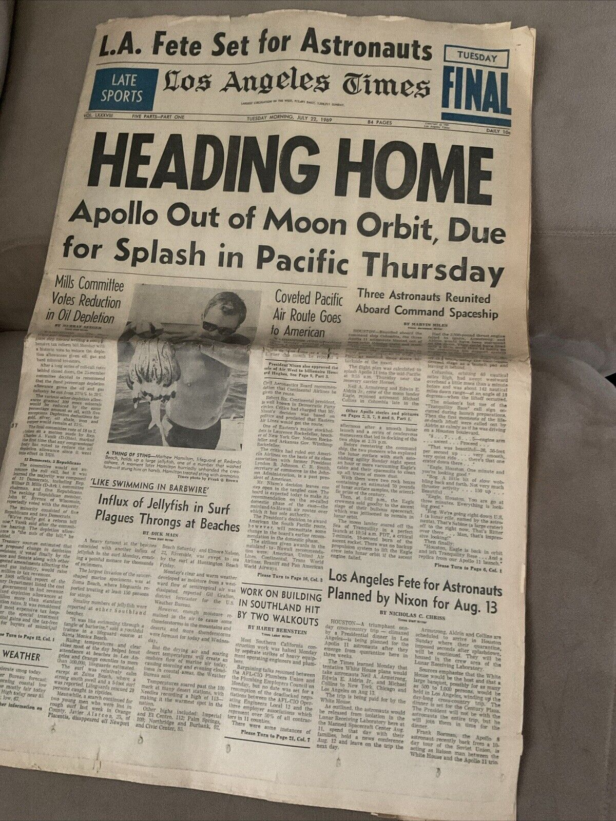 Apollo 11 Heading Home. L.A. Times, July 22, 1969 - Newspaper