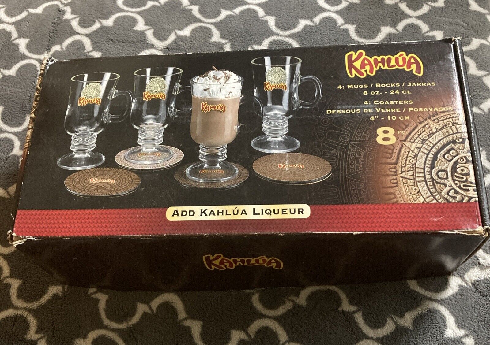 Kahlua Mugs Set of 4 8 oz. Glasses 4 Coasters New Open Box