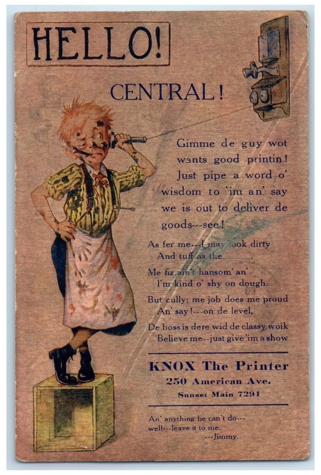 1912 Boy on Telephone Knox The Printer Long Beach CA Advertising Postcard