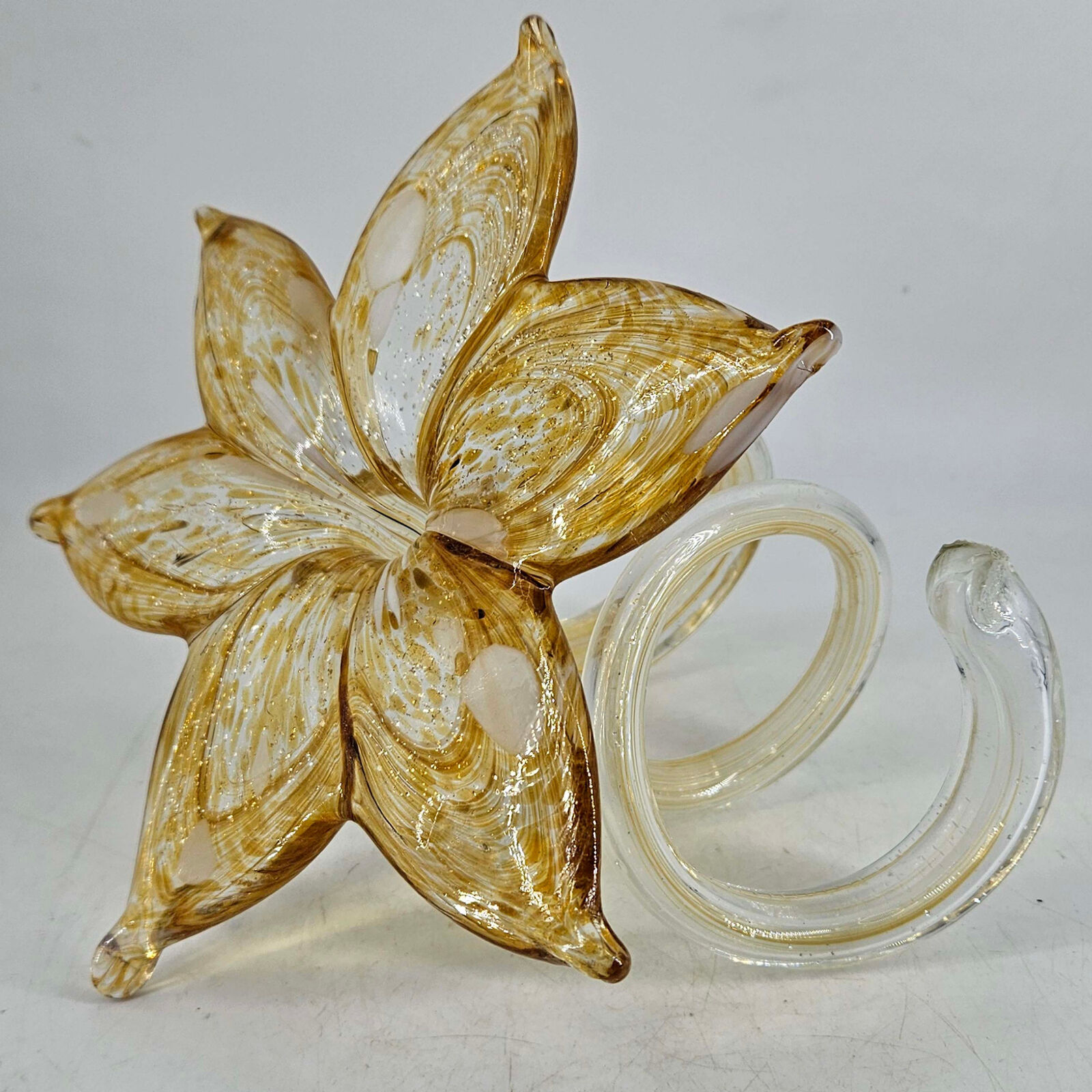Amber Clear Glittered Art Glass Flower W Curled Stem Sculpture Hand Blown