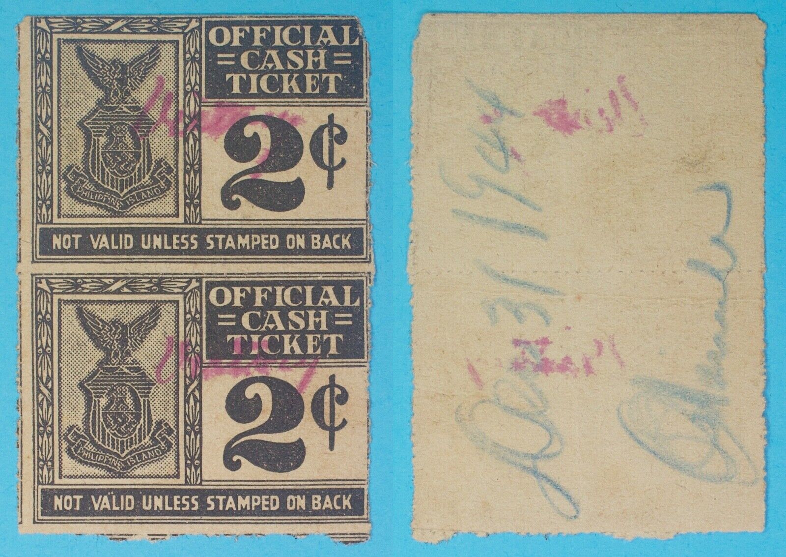 1944 Philippines ~ Tolosa Leyte (2x) 2 Centavos ~ WWII Official Cash Ticket  UNL