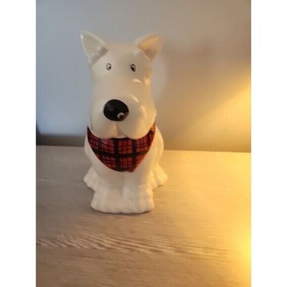 Ceramic Cookie or Treat Jar Scottish Terrier Dog Checkered Ascot 9” Tall