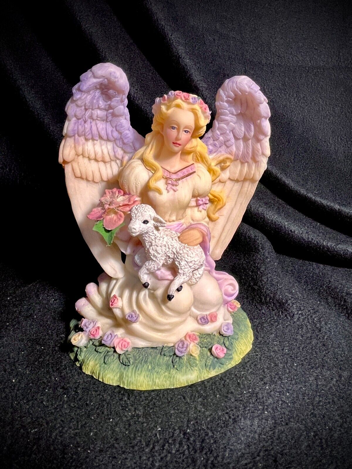Beautiful Angel Holding Lamb w/Silk Flower Figurine