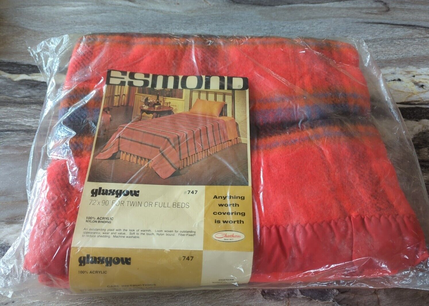 Esmond Blanket Chatham Glasgow Thermal 72 x 90 Satin Trim Red Plaid Vintage NOS