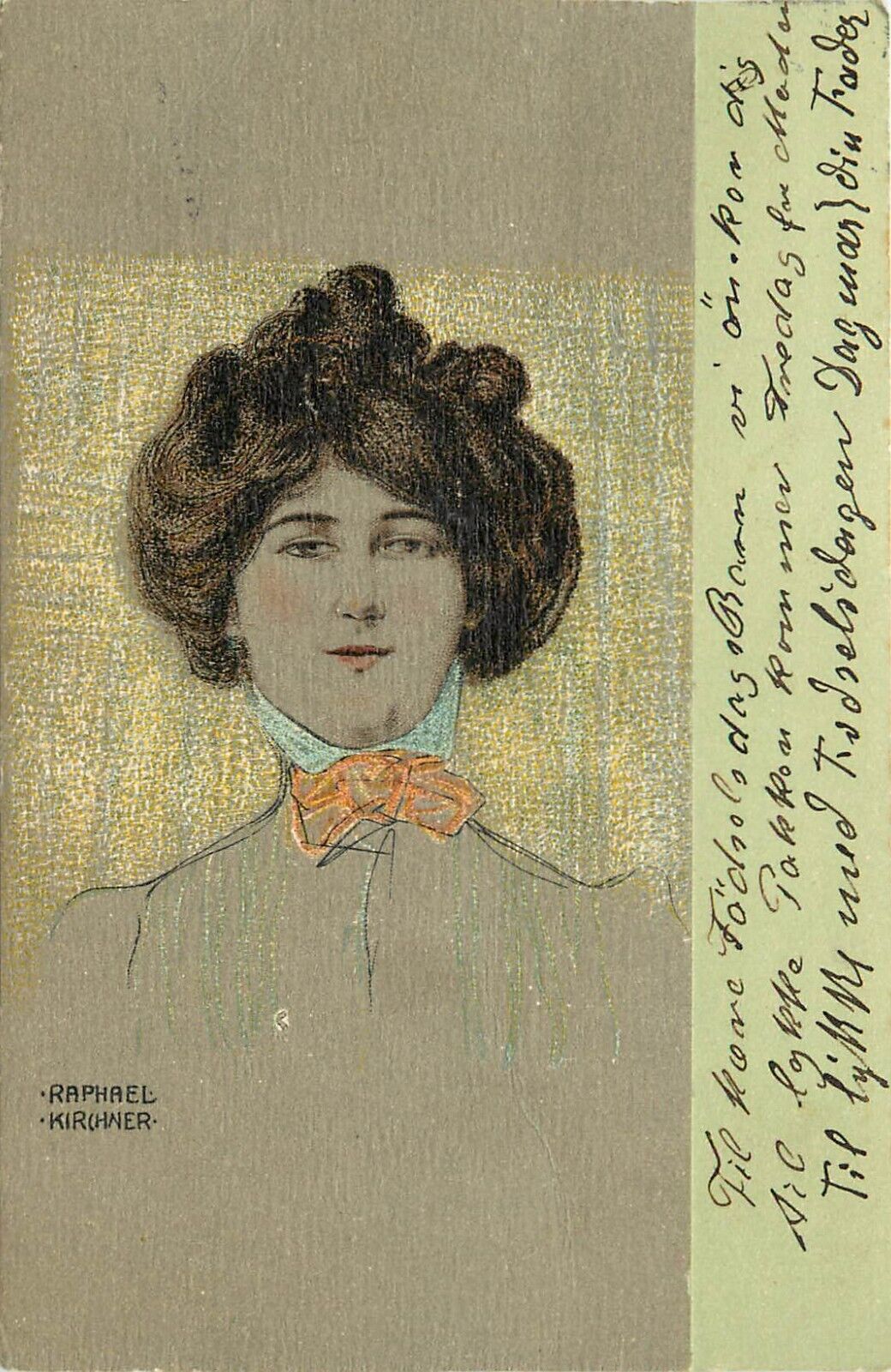 Raphael Kirchner Art Postcard Beautiful Brunette Woman w/ Hair Up & Bow Collar