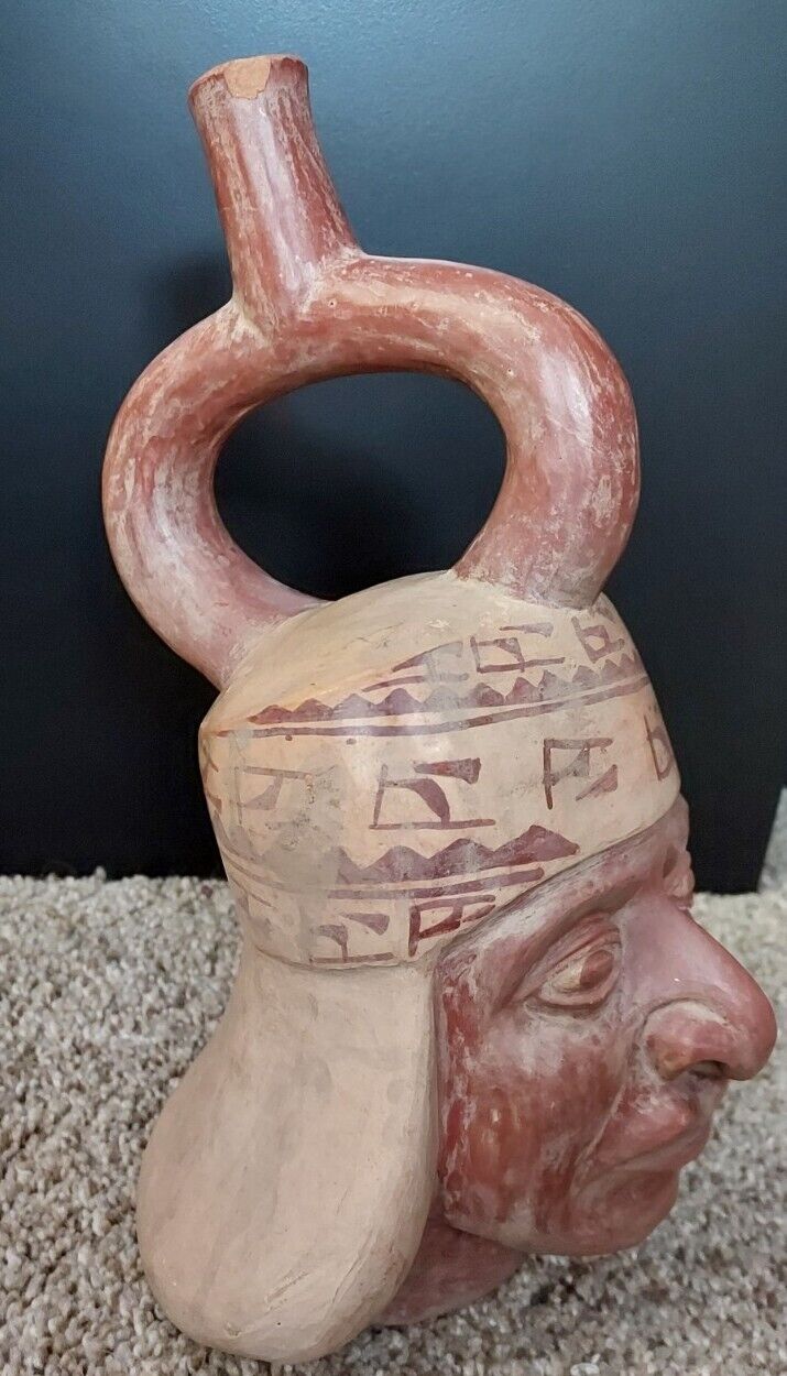 Vintage Moche Peruvian Pre Columbian Reproduction Clay Pottery Portrait Vessel