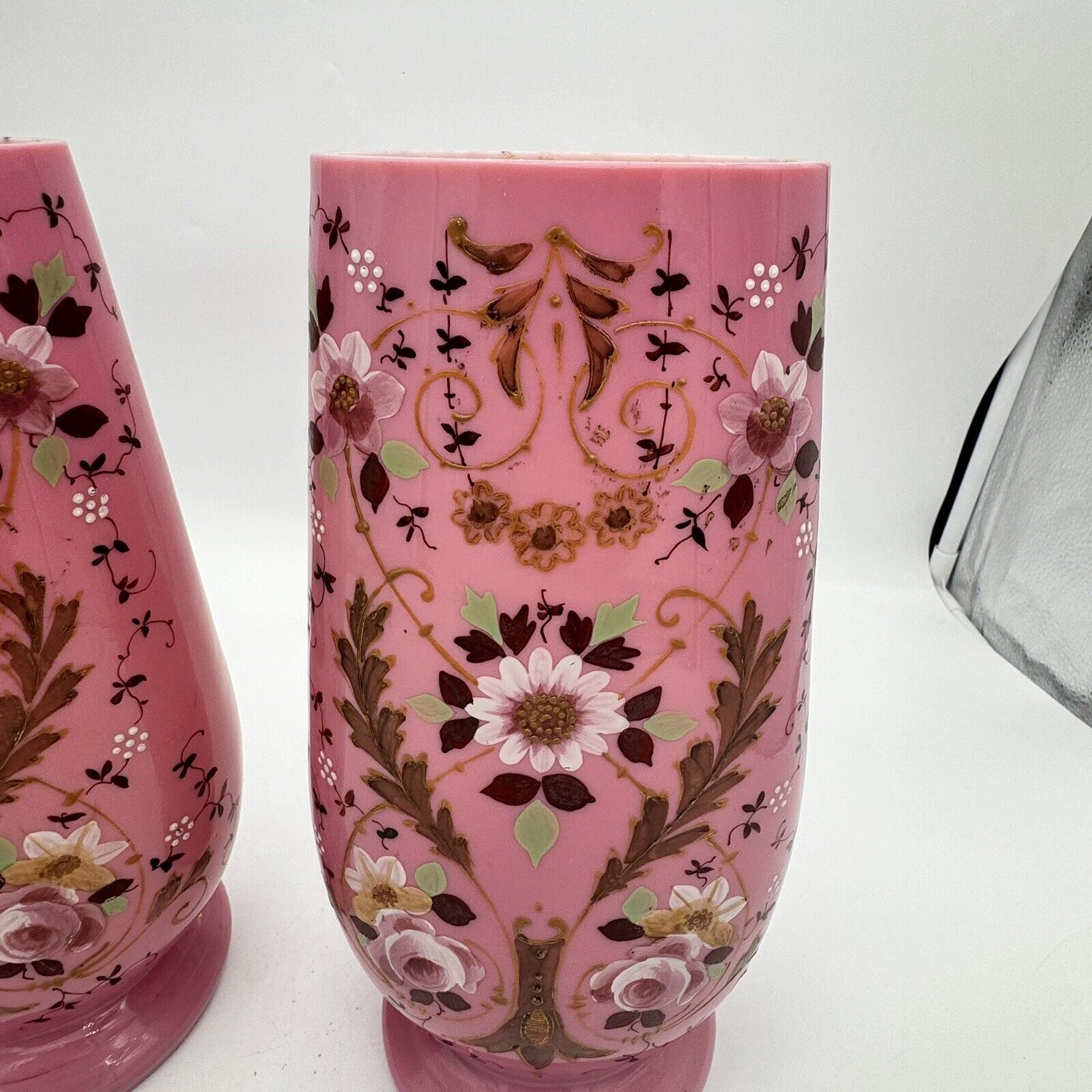 1 Antique Victorian Opaline Pink Milk Glass Hand-Painted Vase Rare Hard To Find