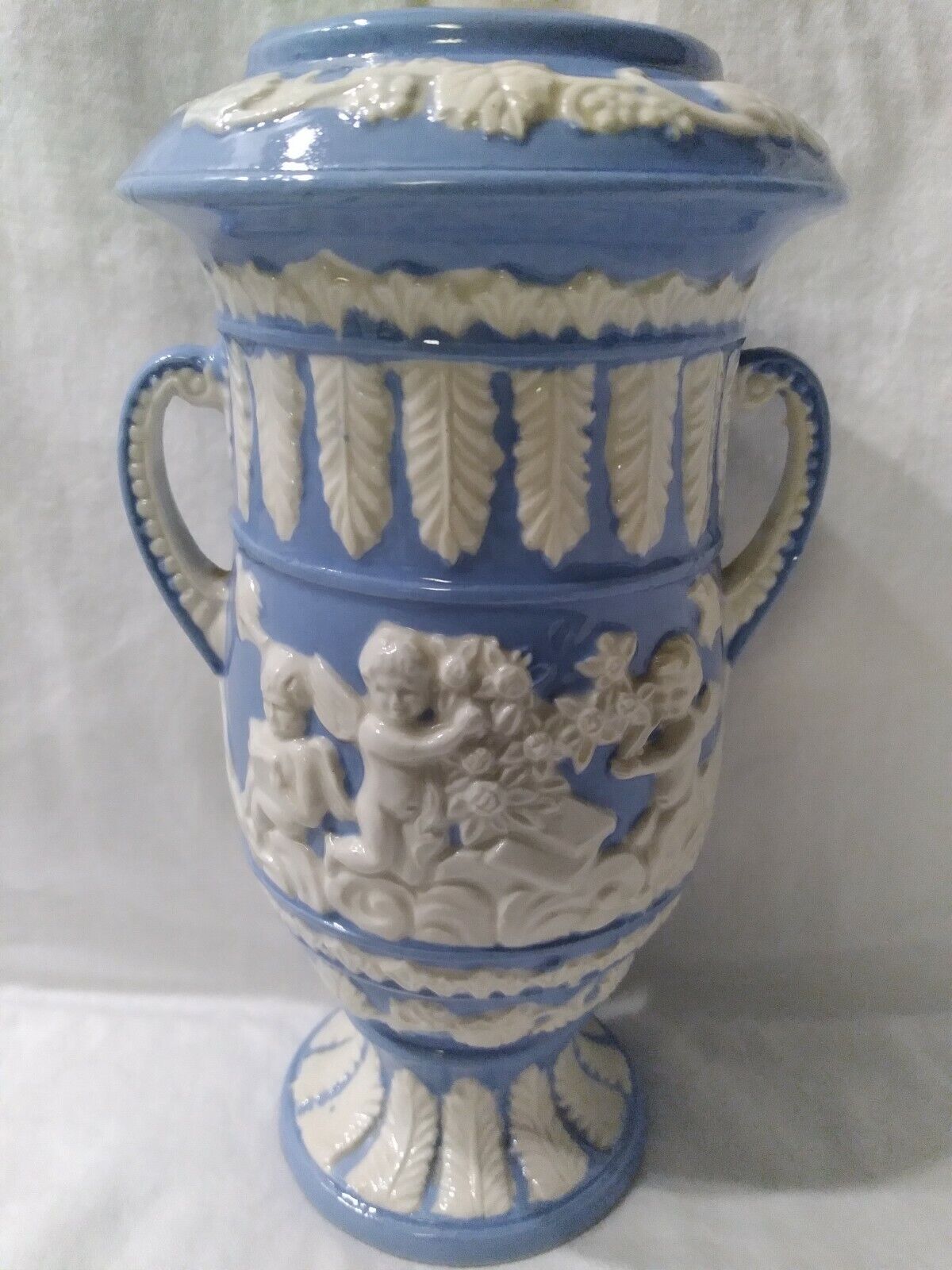 Vintage Vase Blue Ceramic White Embossed Cherubs Double Handles Victorian Japan