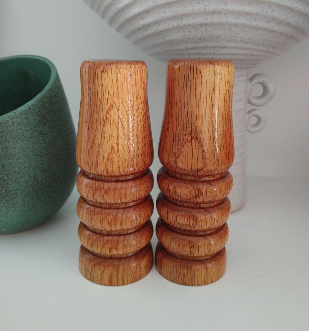 Vintage Hand Turned Wood Salt Pepper Shakers Oak Handmade Boho Rustic Decor 