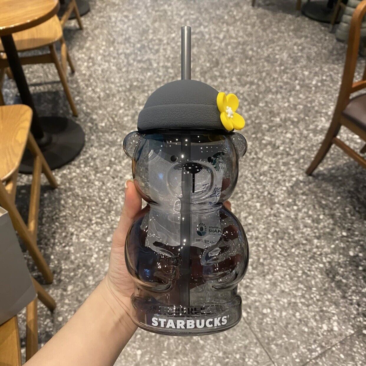 Starbucks 2024 Korea Grey Bear 20oz Glass Cup