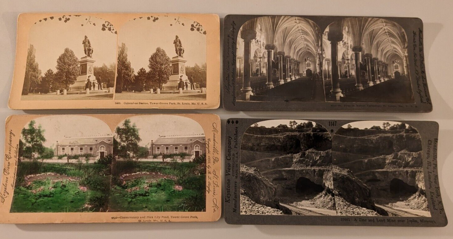 (4) Missouri Stereoview Photos Tower Grove Park Jopelin St. Francis Cathedral