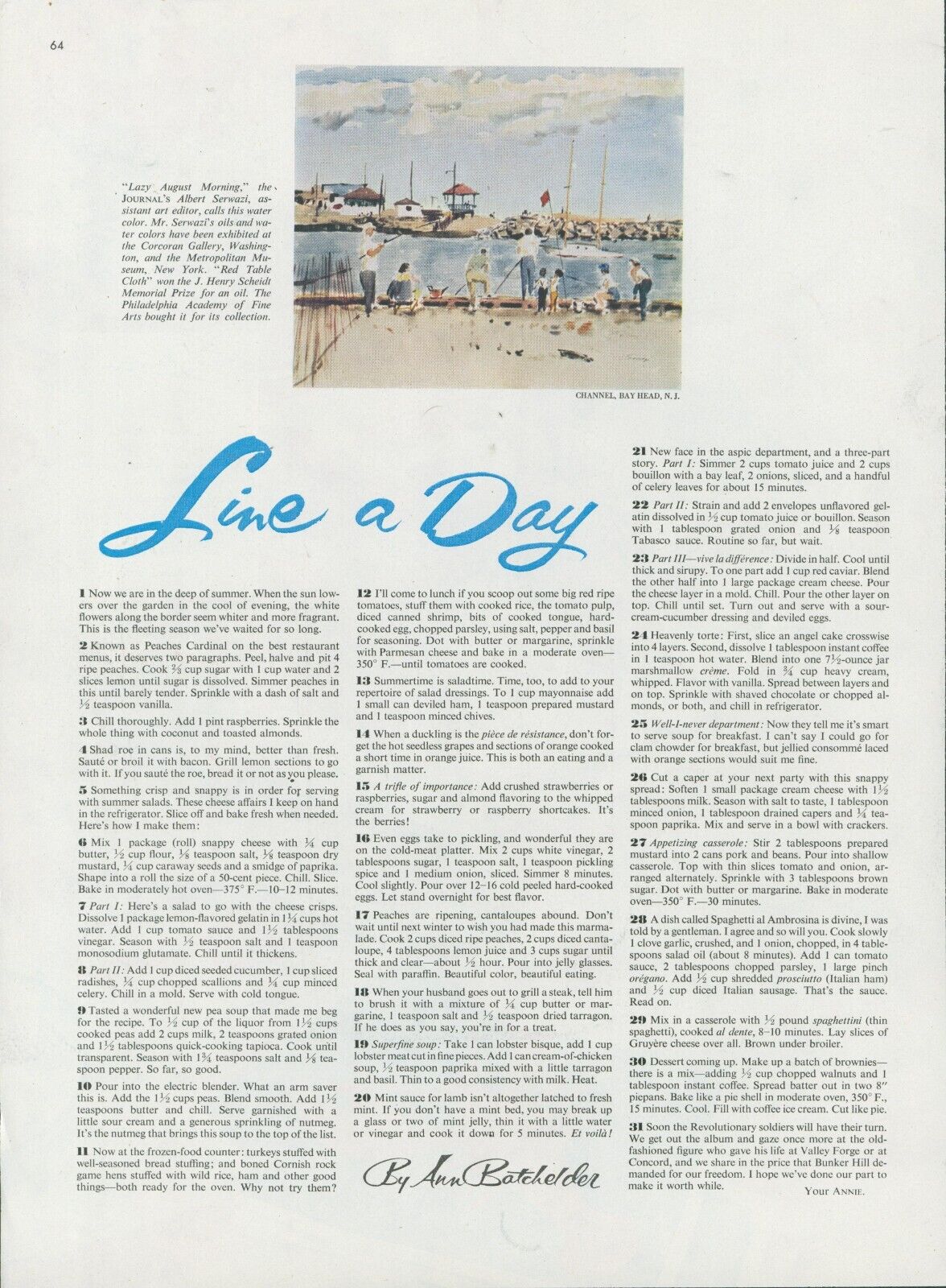 1955 Line A Day Ann Batchelder Channel Bay Head NJ Art Vintage Print Story LHJ4