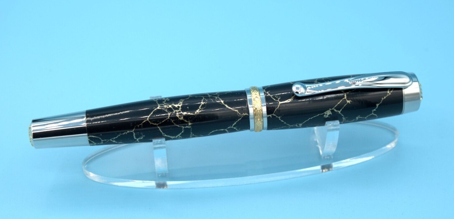 Black  and Gold Matrix Artisan Statesman Rollerball Pen in Rhodium & 22k Gold