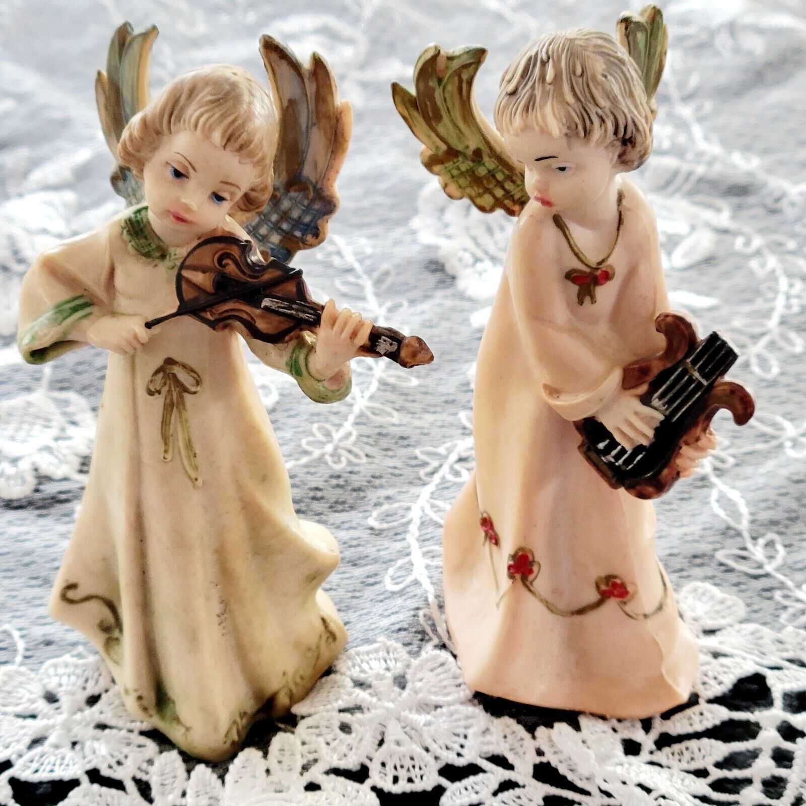 2 Vintage Fontanini Standing Angels Playing Violin & Harp Depose Italy Figurine 