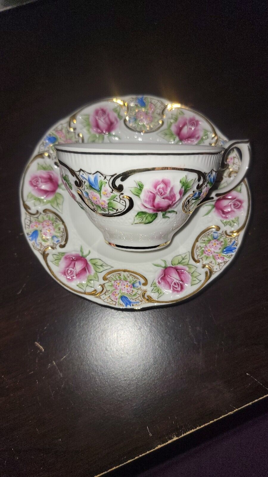 Gorgeous Moga, Hand-Painted & Made In Romania Pink Rose Teacup & Saucer. Rare