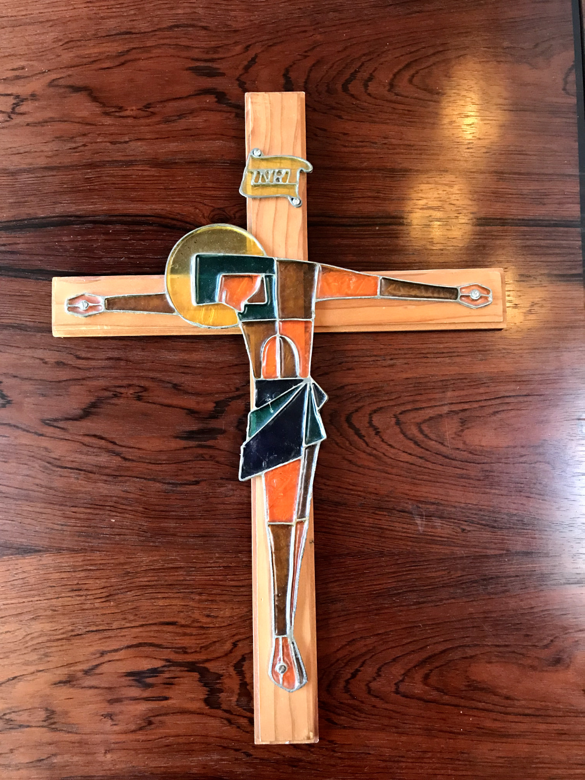 Rare Mid Century Crucifix Stained Glass Wall Hanging MCM Catholic Devotional 19