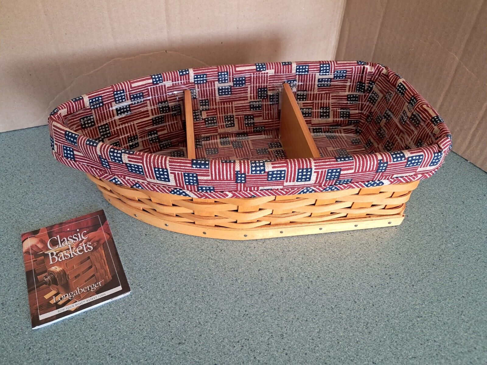 Longaberger Row Your Boat Basket, old glory liner, protectors, wood dividers