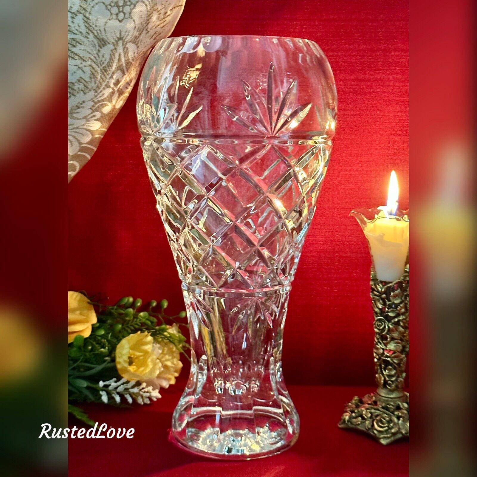 Cut Crystal Vase Heavy Leaded Deep cuts Floral Blown Light Reflective Beautiful*