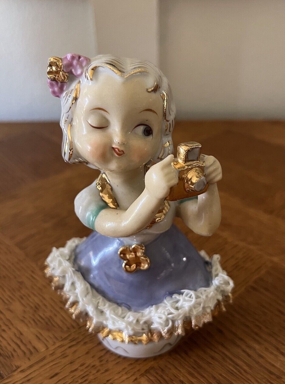 Vintage 1950s Little Girl Figurine Taking Picture With Camera Bone China Japan