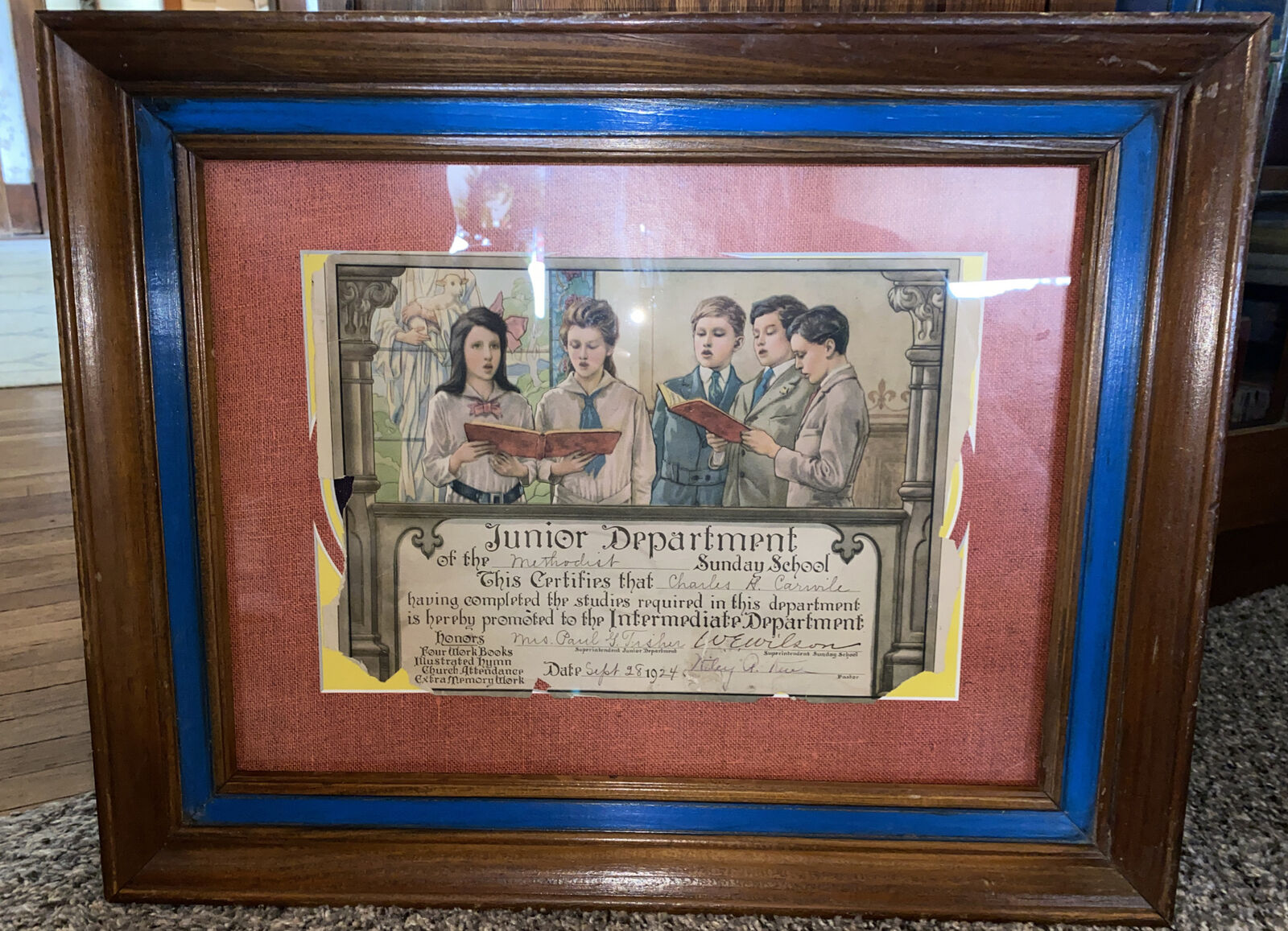 VTG 1924 First Methodist Episcopal Sunday School  Junior Dept. Award Certificate