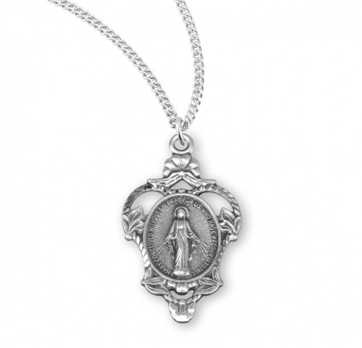 Sterling Silver Miraculous Medal with Decorative Floral Border, 1.2 Inch N.G.