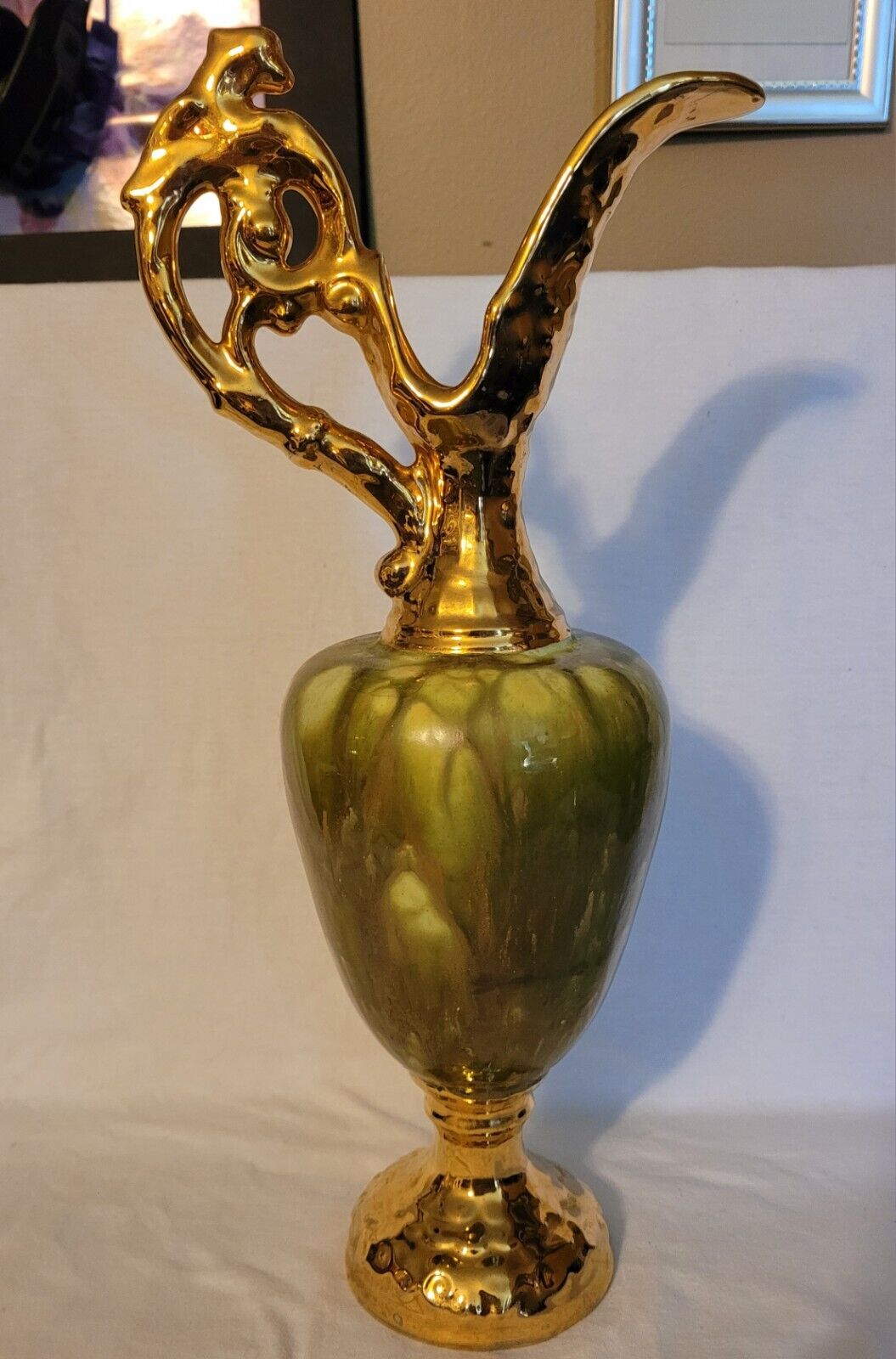 Vintage Bohemian Porcelain Vase Ewer Green Gold Signed SIS 1972