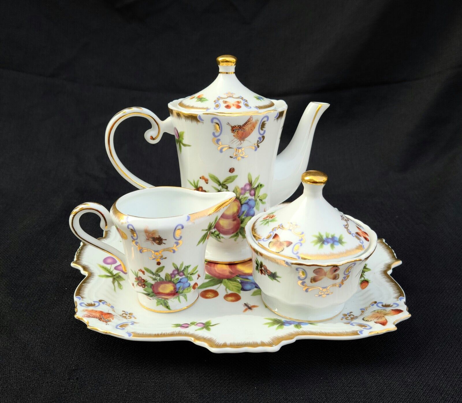 1990s I. Godinger Yorkshire Pattern Fruit & Insects Tea Set, Made in England
