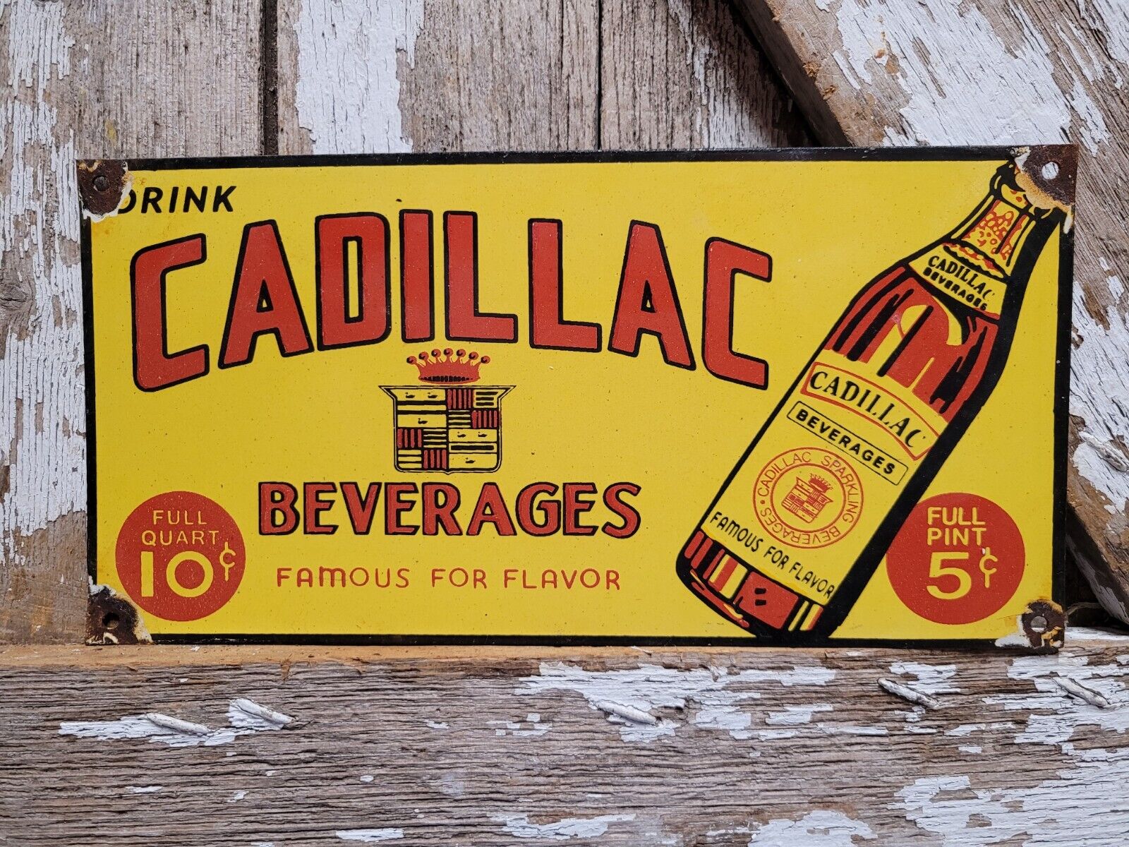 CADILLAC VINTAGE PORCELAIN SIGN SODA BEVERAGE DRINK CABONATED COLA BOTTLE 5 CENT