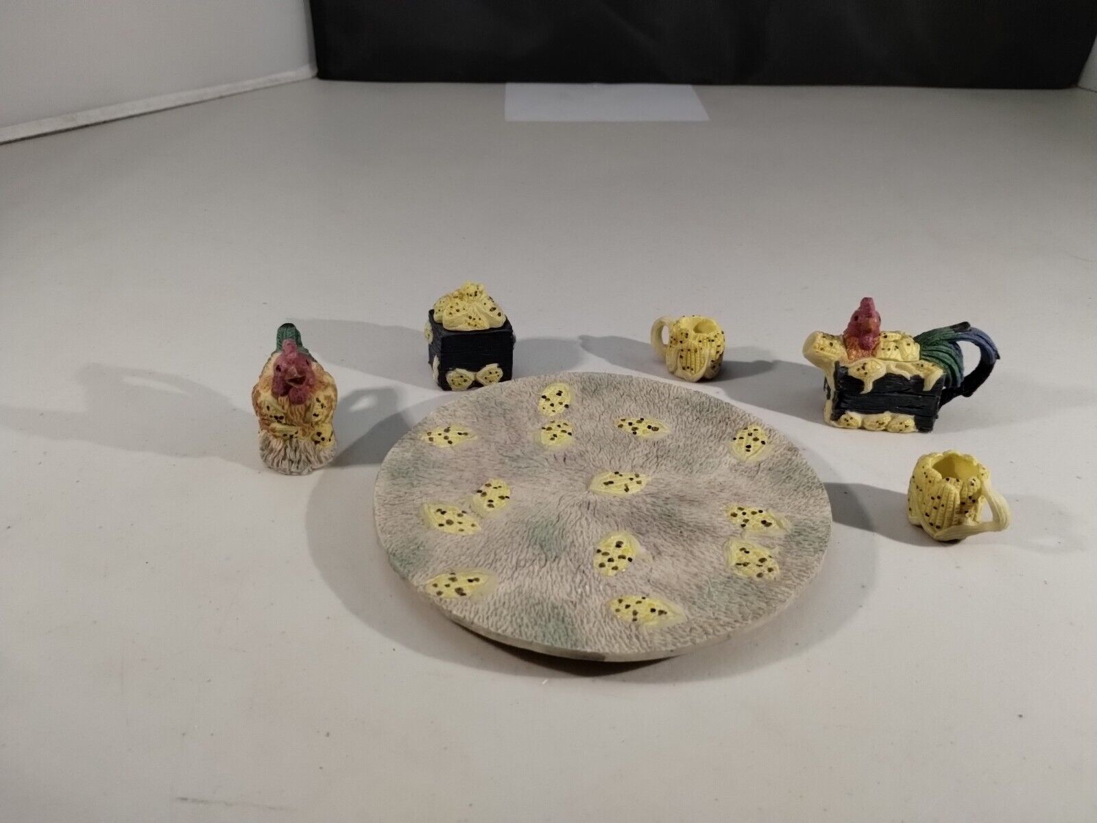 Miniature Tea Set Chicken Farm w Plate Cups Pitcher Resin Set 