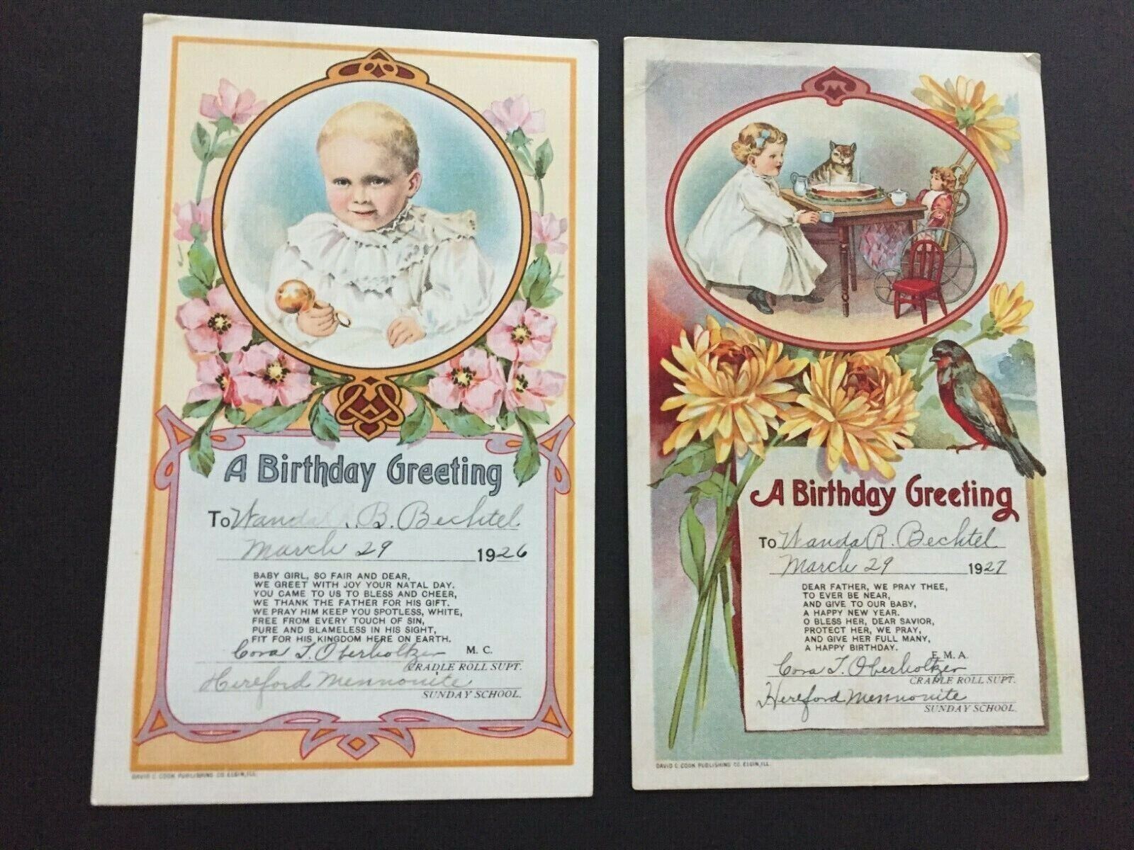 2 birthday greeting cards 1926 1927 Sunday School girl cat tea party vintage