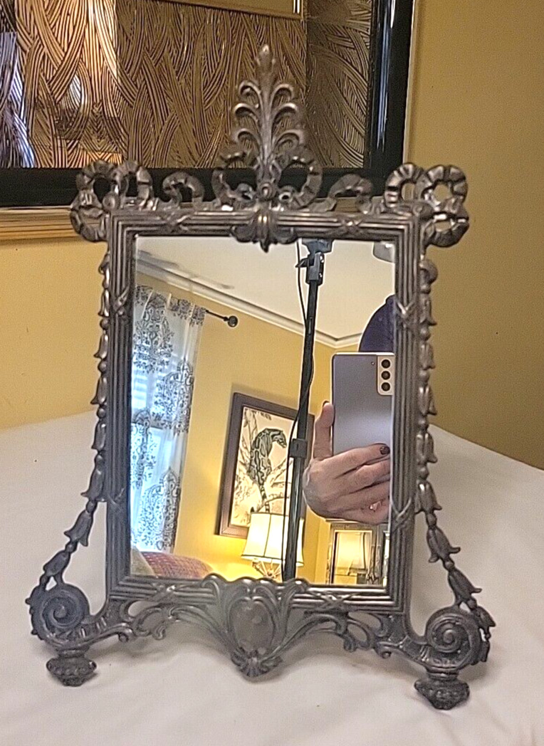 Vintage Table Vanity Mirror Frame Heavy Cast Metal Easel Art Nouveau Style
