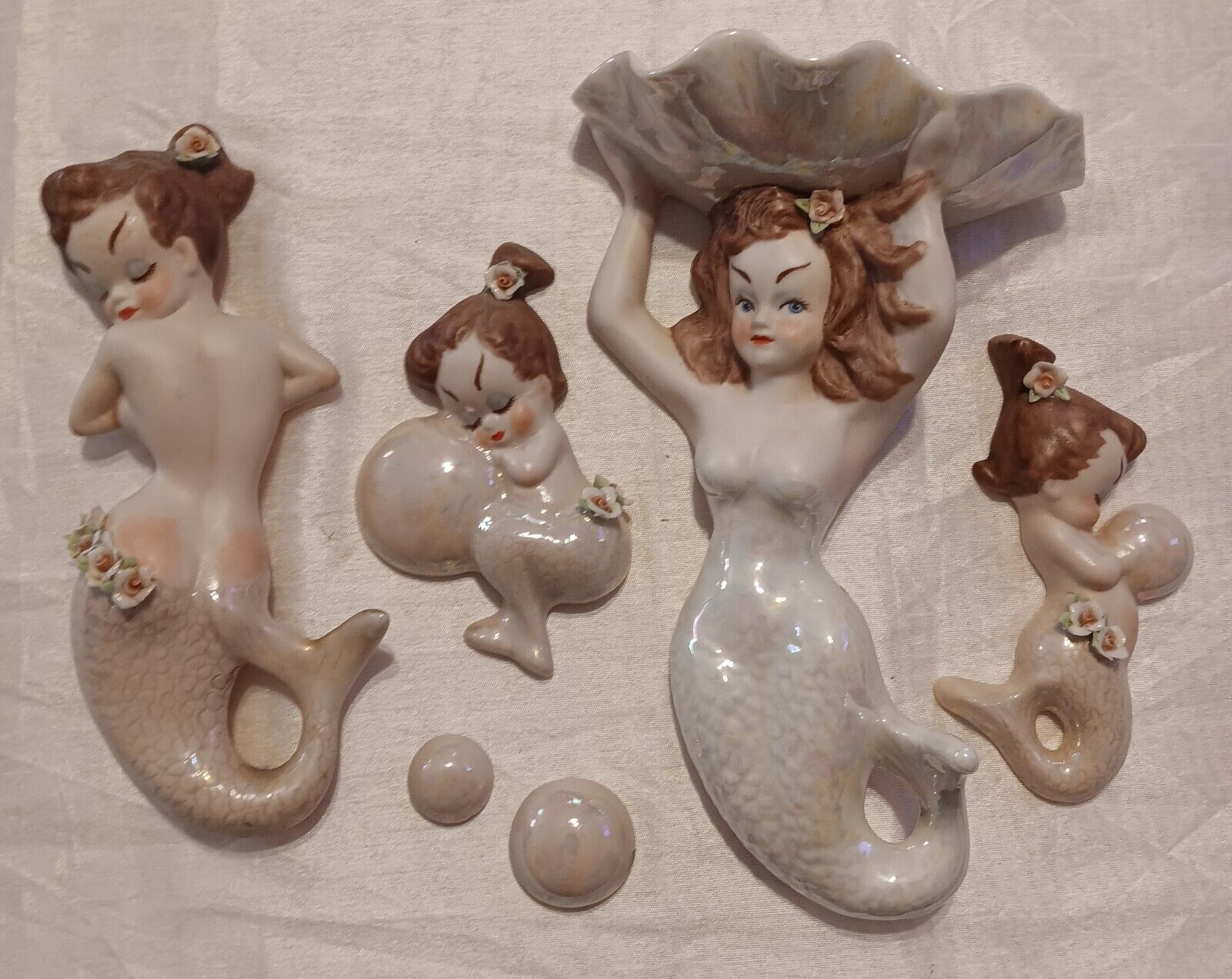 Set of 4 Vintage 1964 Ceramic Mermaids Bathroom Wall Plaques With 2 Bubbles
