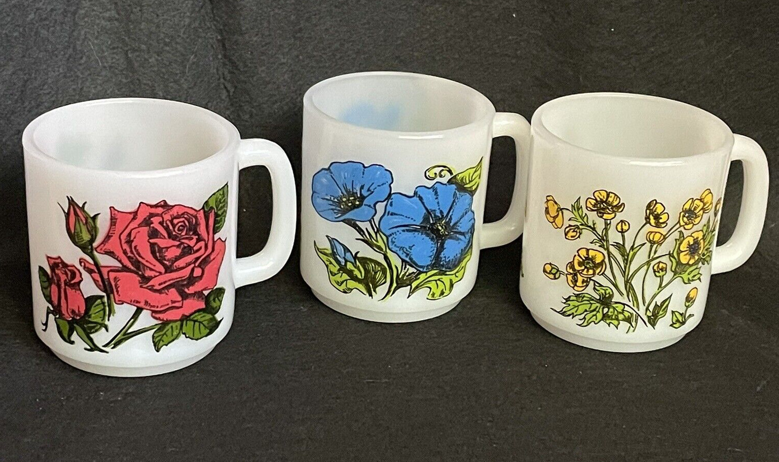 3 Vintage Glasbake Milk Glass Mug Cup Stacking In The Language Of Flowers