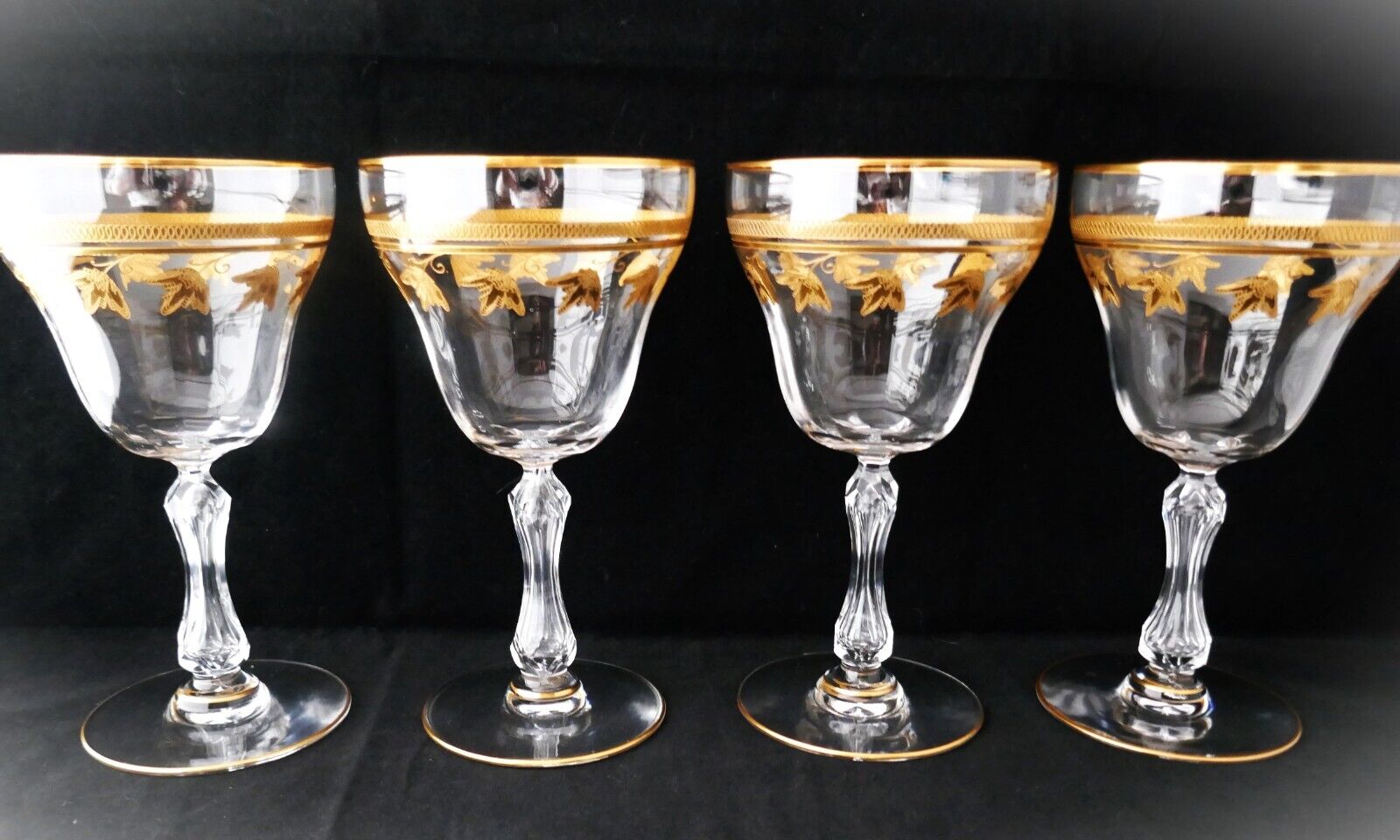 Antique set 4 Saint Louis France Water Wine Goblet Glasses gold gild encrusted B