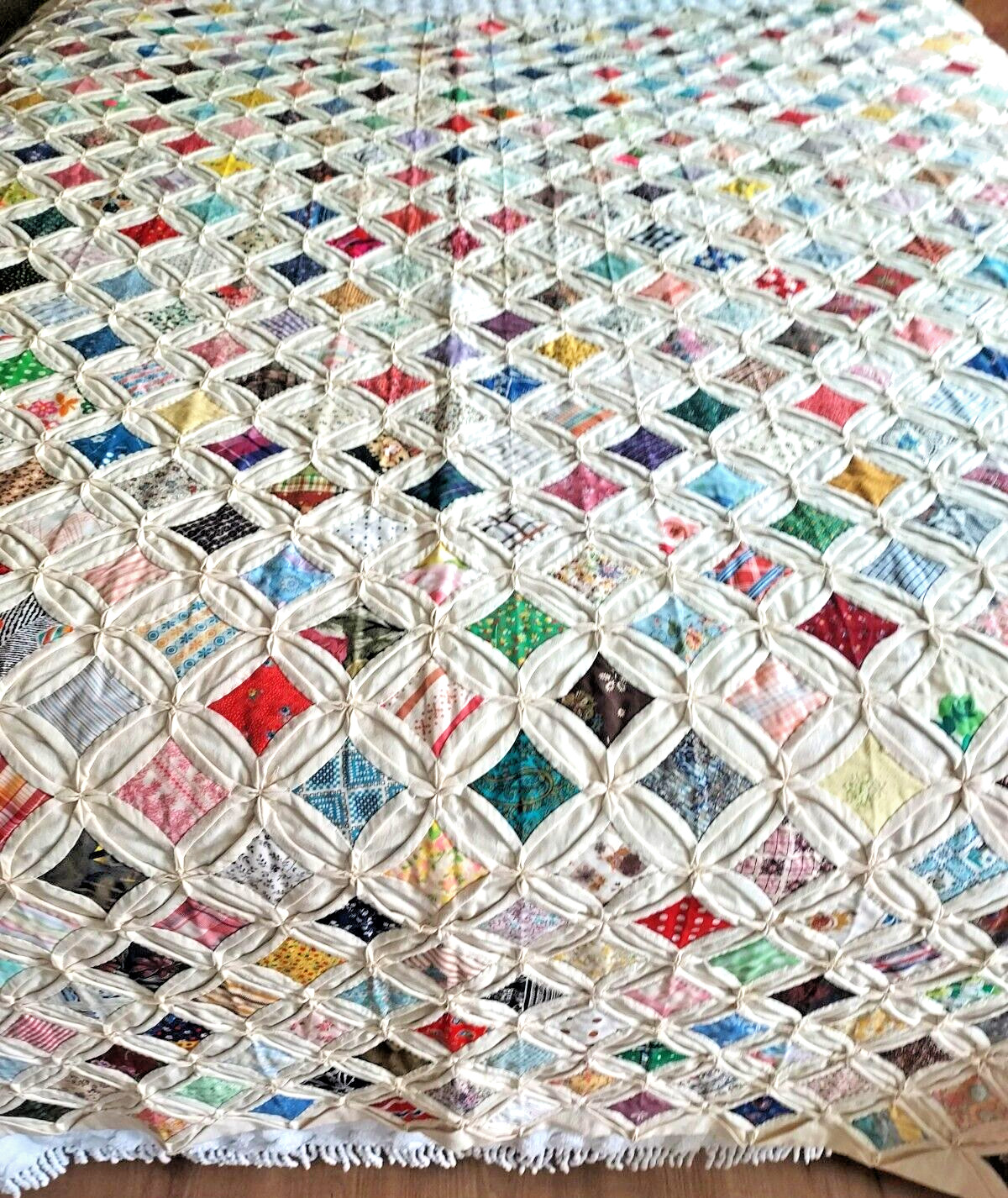 Vintage  Feed Sack Cathedral Window Quilt Hand Sewn Beautiful 78x86