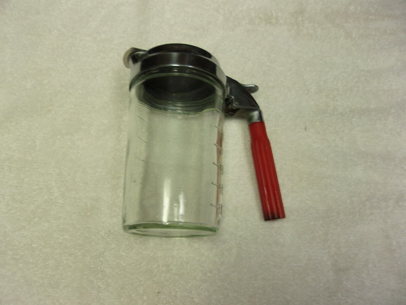 Vintage Glass Measurement Syrup Dispenser Chrome Top Red Plastic Handle USA