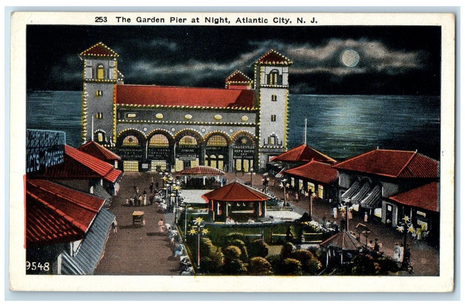 c1920's The Garden Pier At Night Over View Atlantic City New Jersey NJ Postcard