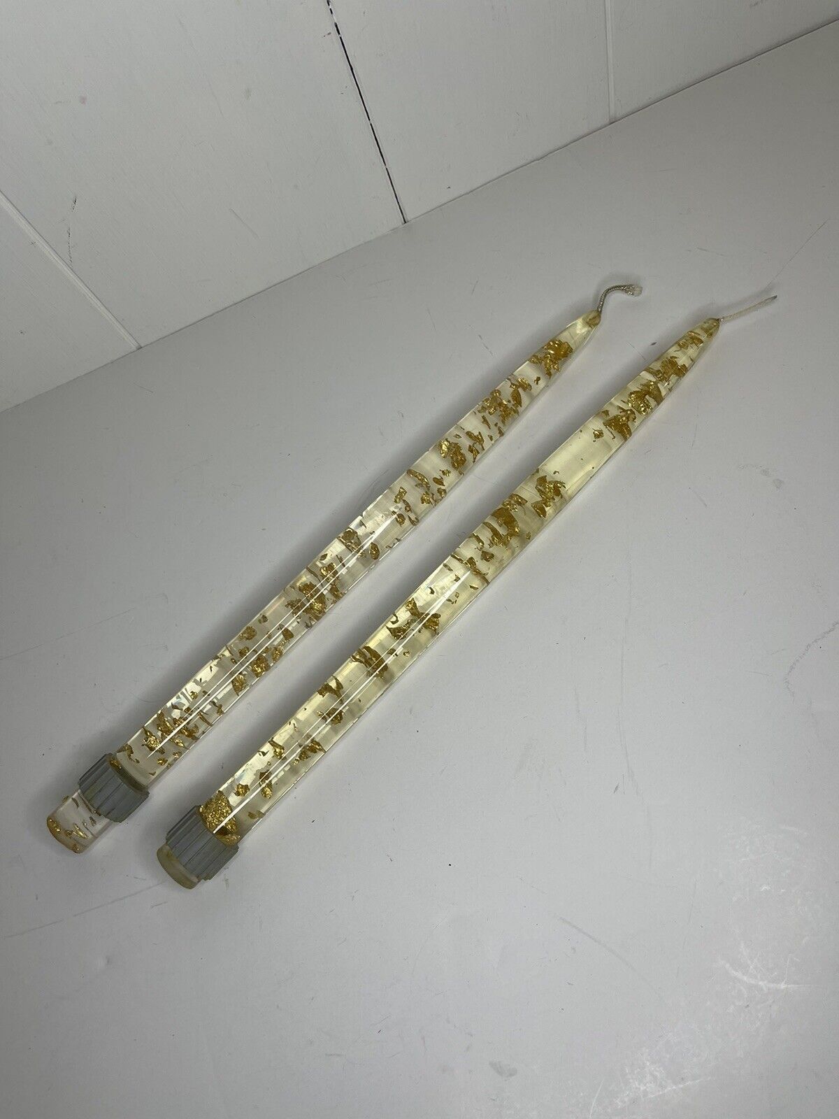 Vintage Clear Lucite Acrylic Candles Taper Gold Flecks 12” Set Of 2