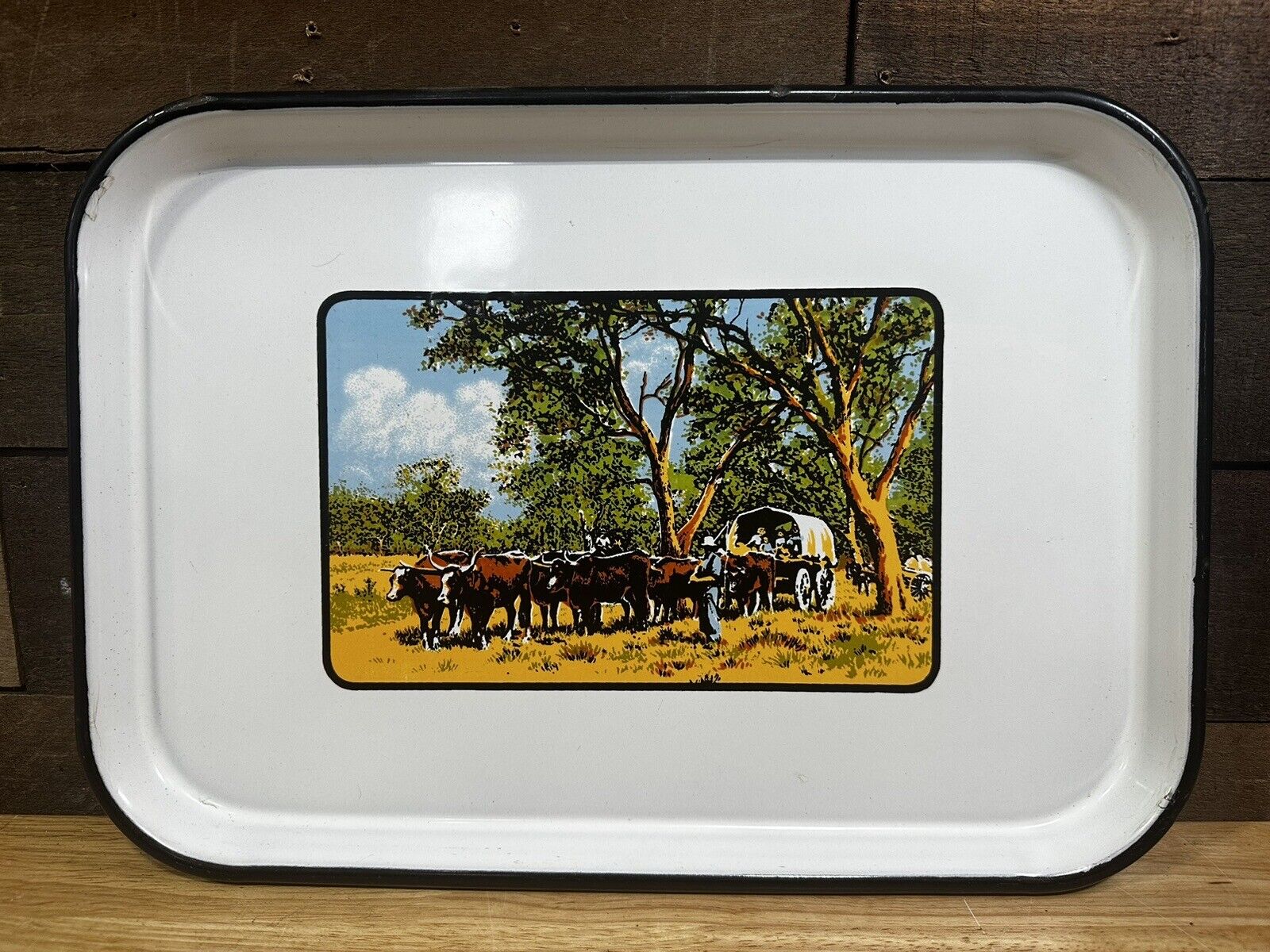 Vintage ING-RICH Ingram-Richardson Enamel Porcelain Tray “Covered Wagon”