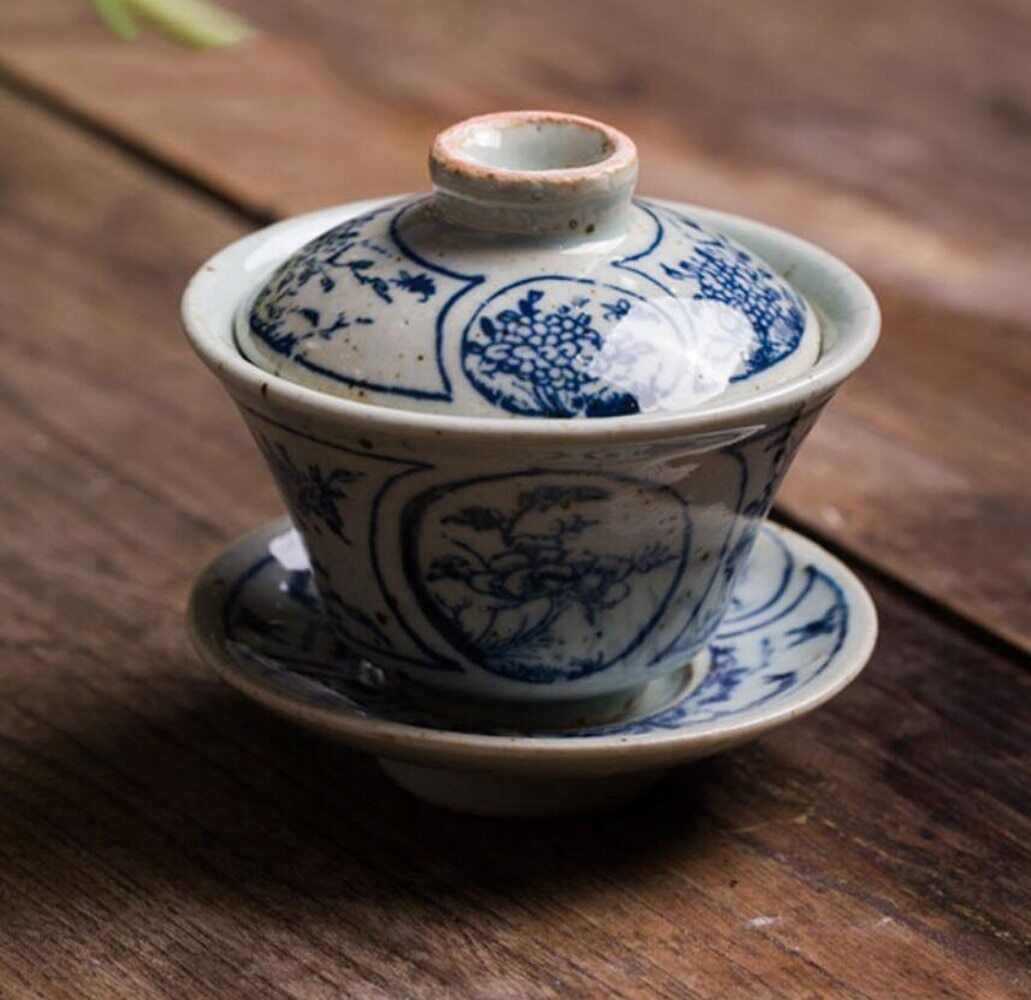 1PCS Vintage Small Blue and White Gaiwan Chinese Ancient Glaze Jingdezhen Teaset