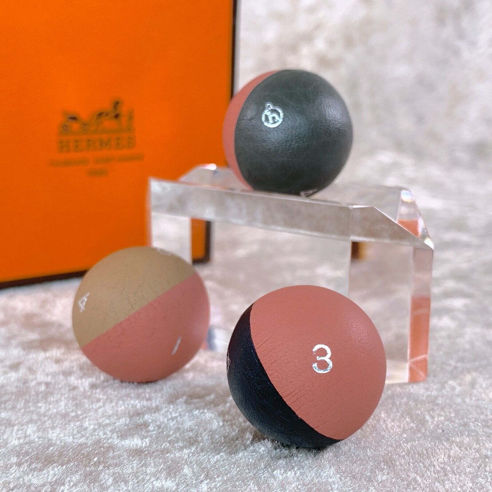 Authentic Hermes Paris Ball Dice Petit h Triple Globe Gaming Set of 3 with Case