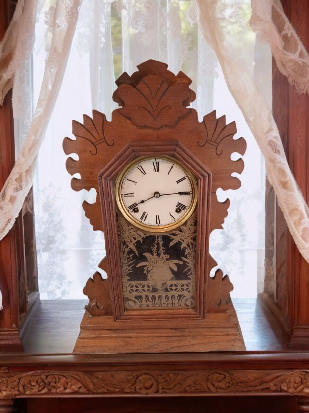Antique 1800's S. LaRose Carved Victorian Gingerbread Shelf Mantel Clock RUNS